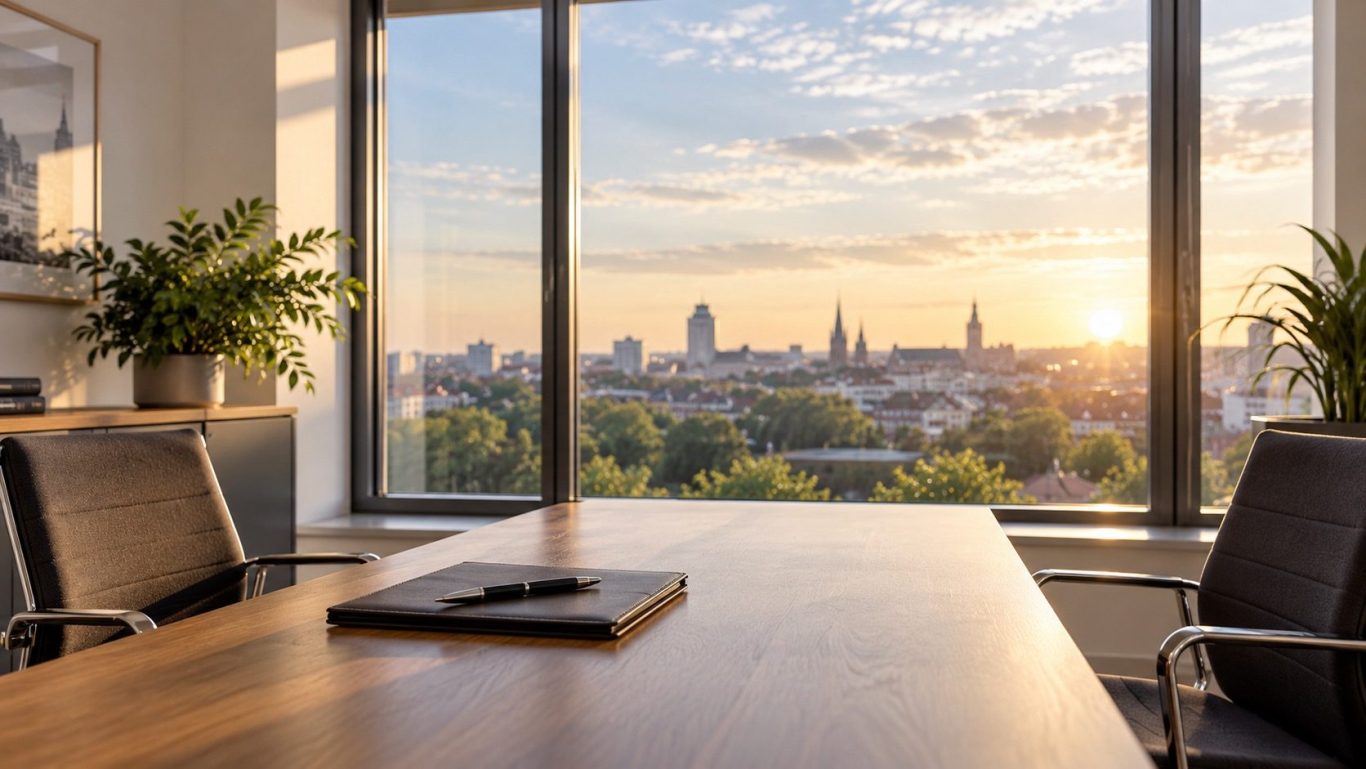 Privatdetektiv Leipzig | Sachsen Heller Beratungsraum des Privatdetektiv Leipzig & Sachsen, mit Tisch und zwei Stühlen und Blick nach draußen.